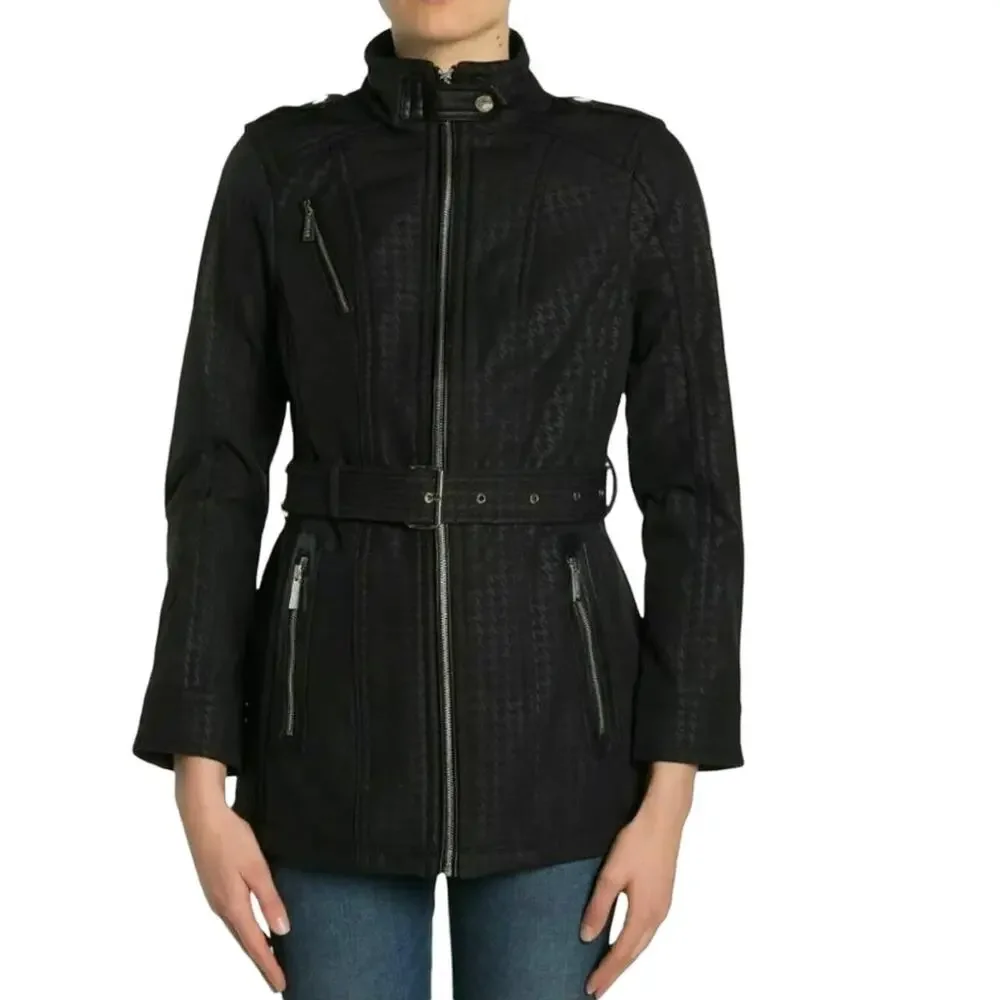 Michael Kors Weatherproof Belted Jacket Black Houndstooth Print S
